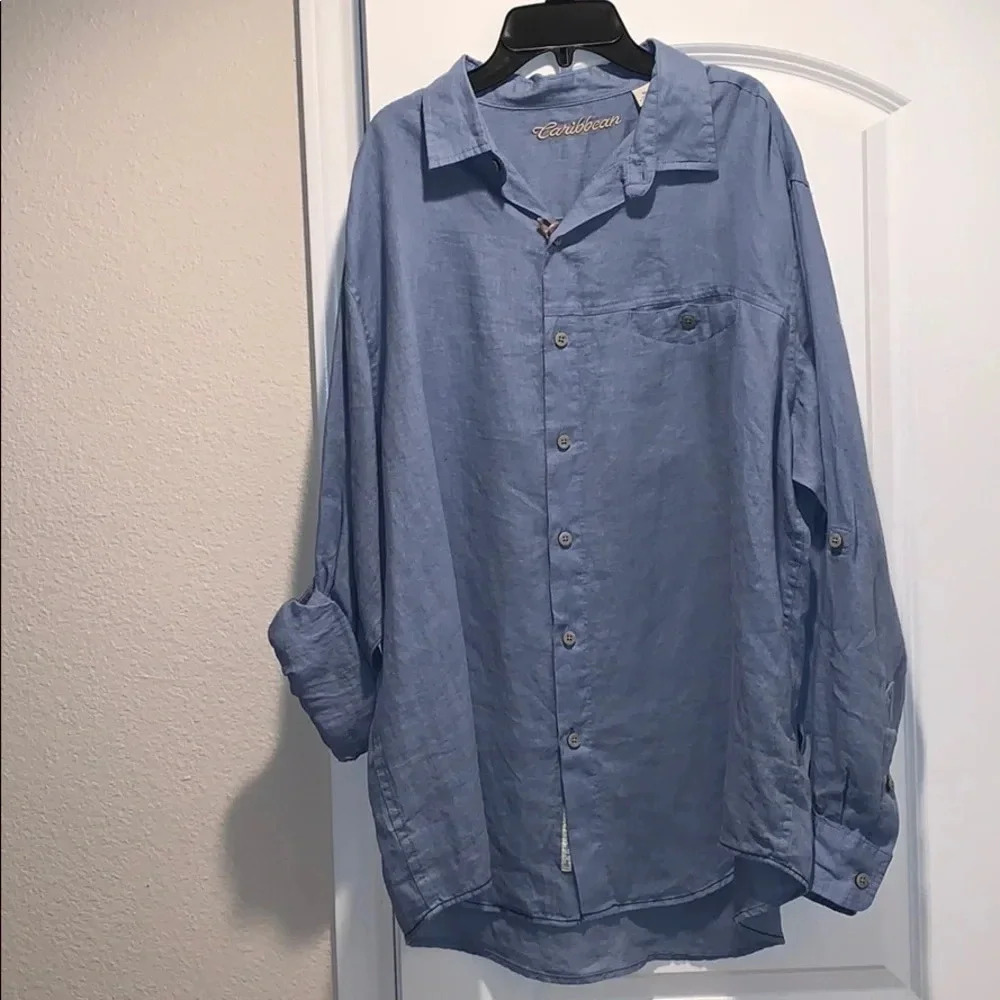 Caribbean Roundtree & Yorke 100% Linen Shirt Blue